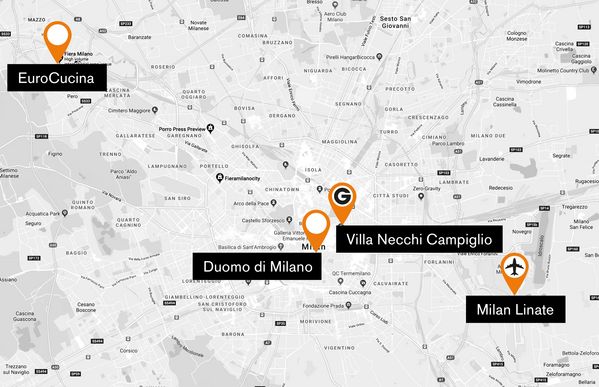 显示有 EuroCucina 国际厨房家具展、米兰大教堂、米兰内基•坎皮里奥别墅和米兰利纳特机场位置的示意地图